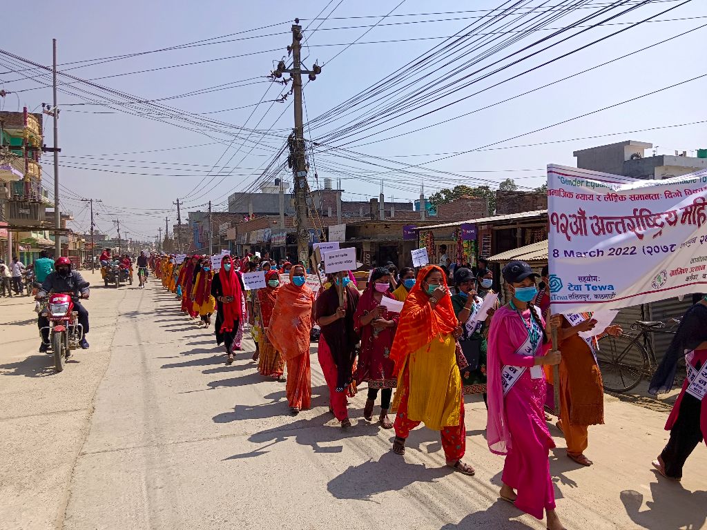 International Women's Day 2022 rally with Tewa banner